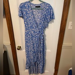 Blue floral wrap midi dress
